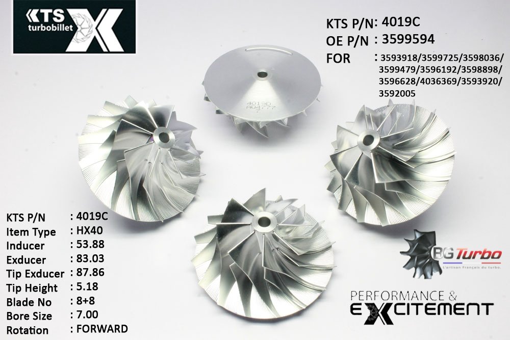 Turbo ROUE FORGÉE MFS PERFORMANCE - 8+8 PALES - INDUCER : 53,88 - EXDUCER : 83,03 - TYPE : HX40ANGLE : 60° - ROTATION : Forward - SUPER BACK : 5,01 - BORE SIZE : 7
